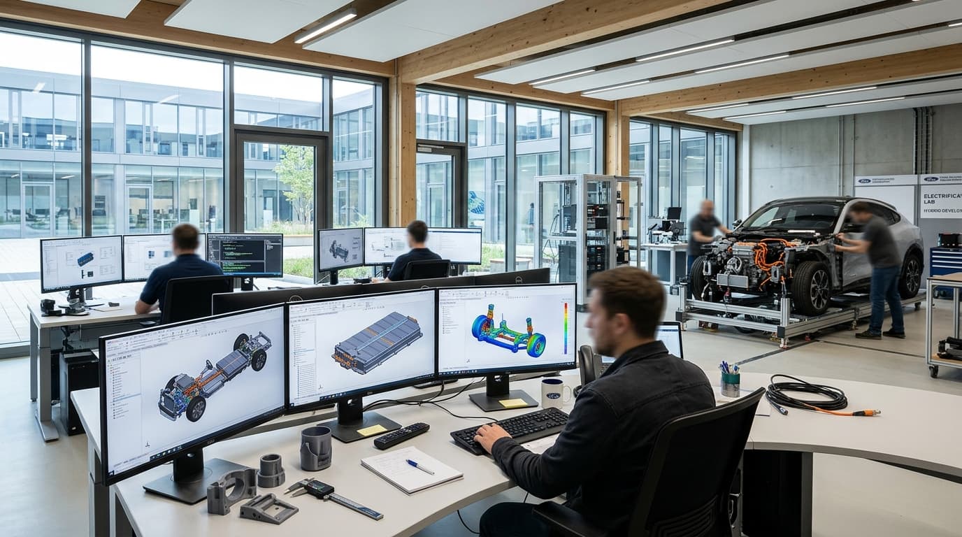 Ingenieure arbeiten in einem modernen Ford-Entwicklungszentrum an Computern und technischen Systemen zur Fahrzeugentwicklung.
