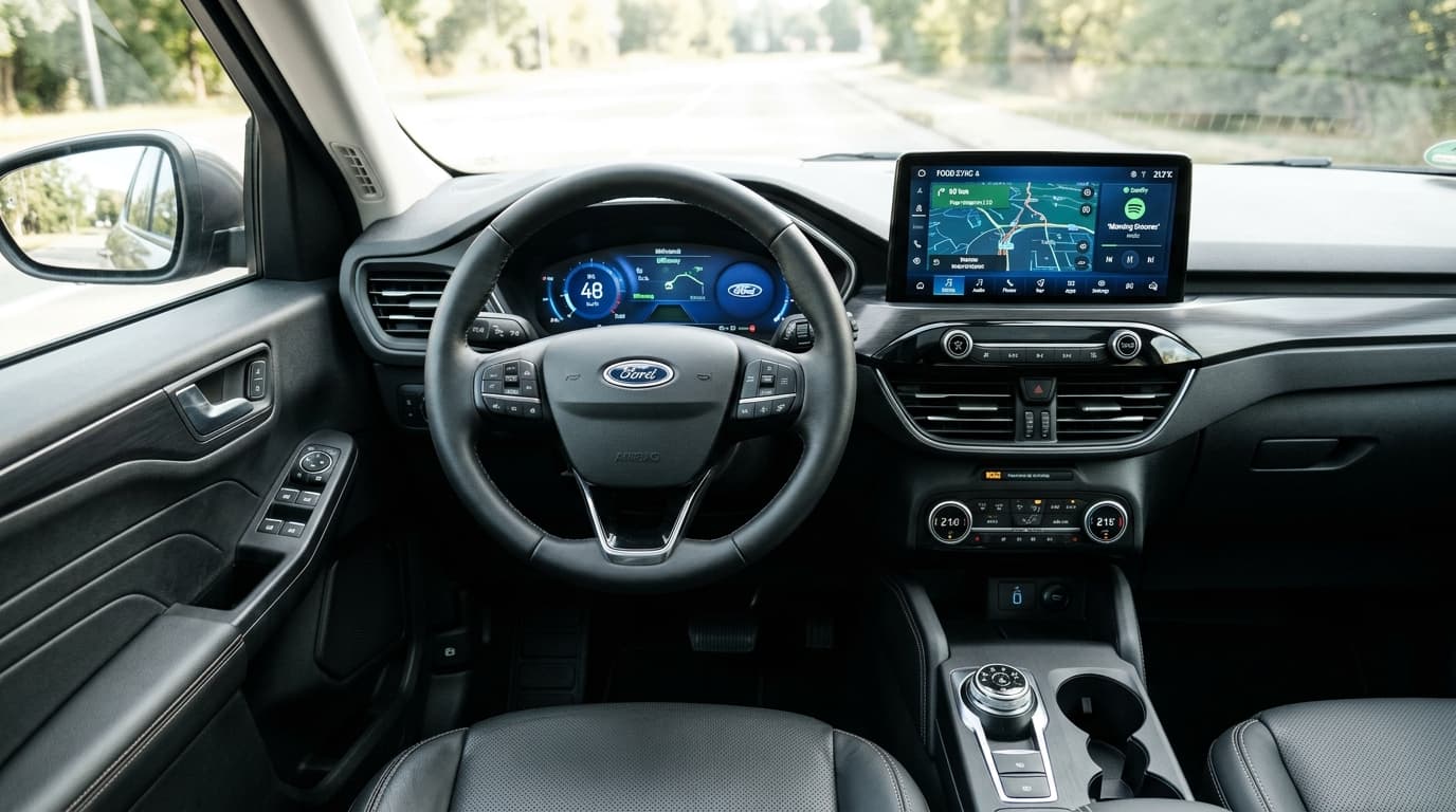 Blick in den Innenraum eines Ford Kuga auf Lenkrad und Infotainmentsystem