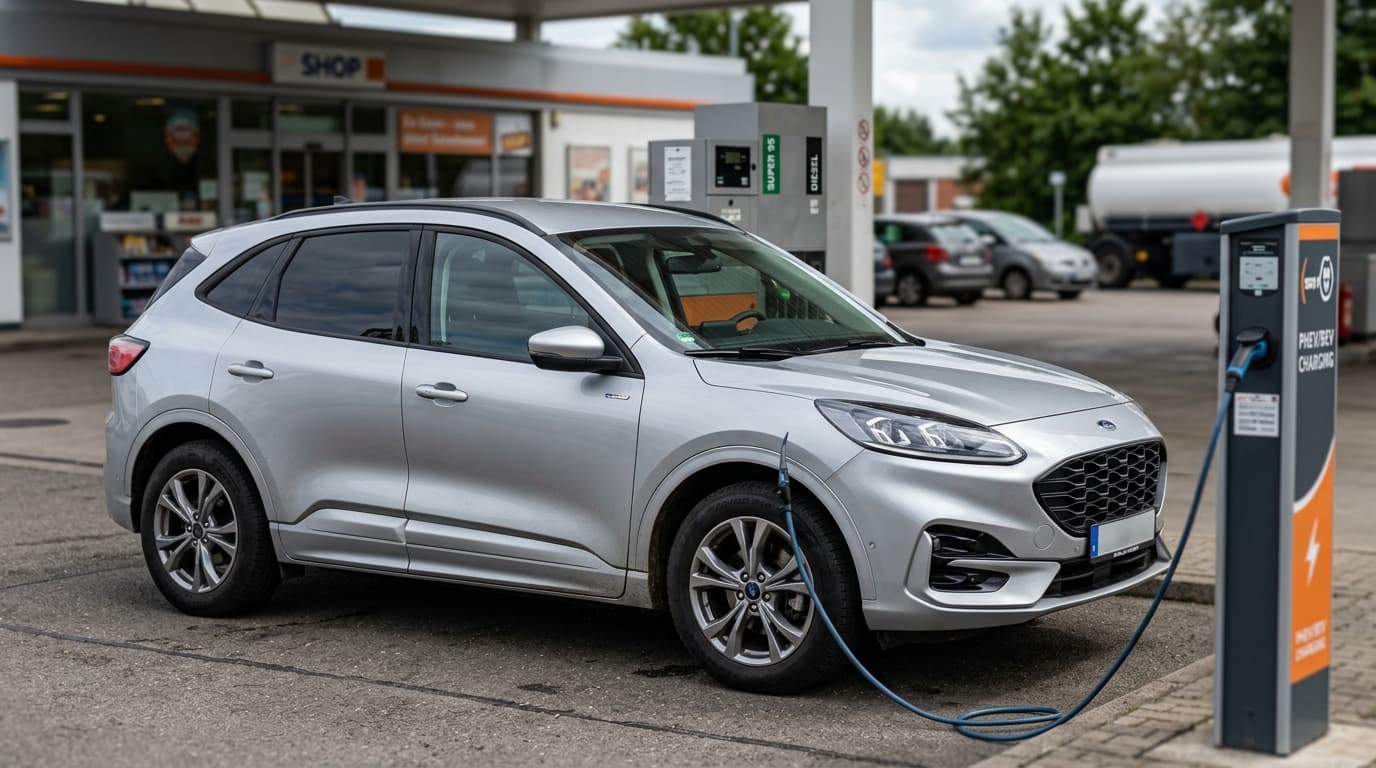 Ford Kuga Plug-in-Hybrid in Seitenansicht vor einer Ladestation