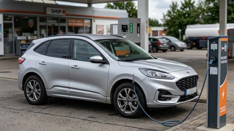 Ford Kuga Plug-in-Hybrid in Seitenansicht vor einer Ladestation