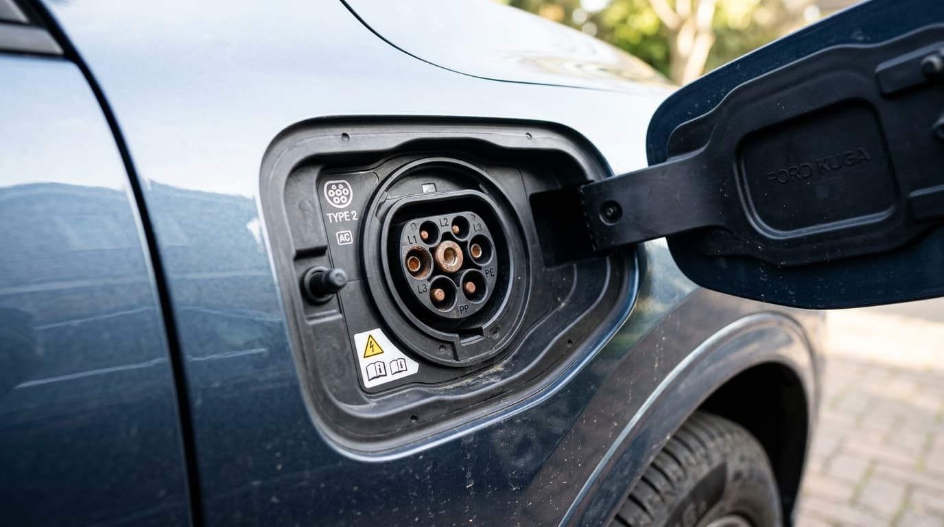 Nahaufnahme des Hochvolt-Ladeanschlusses eines Ford Kuga PHEV