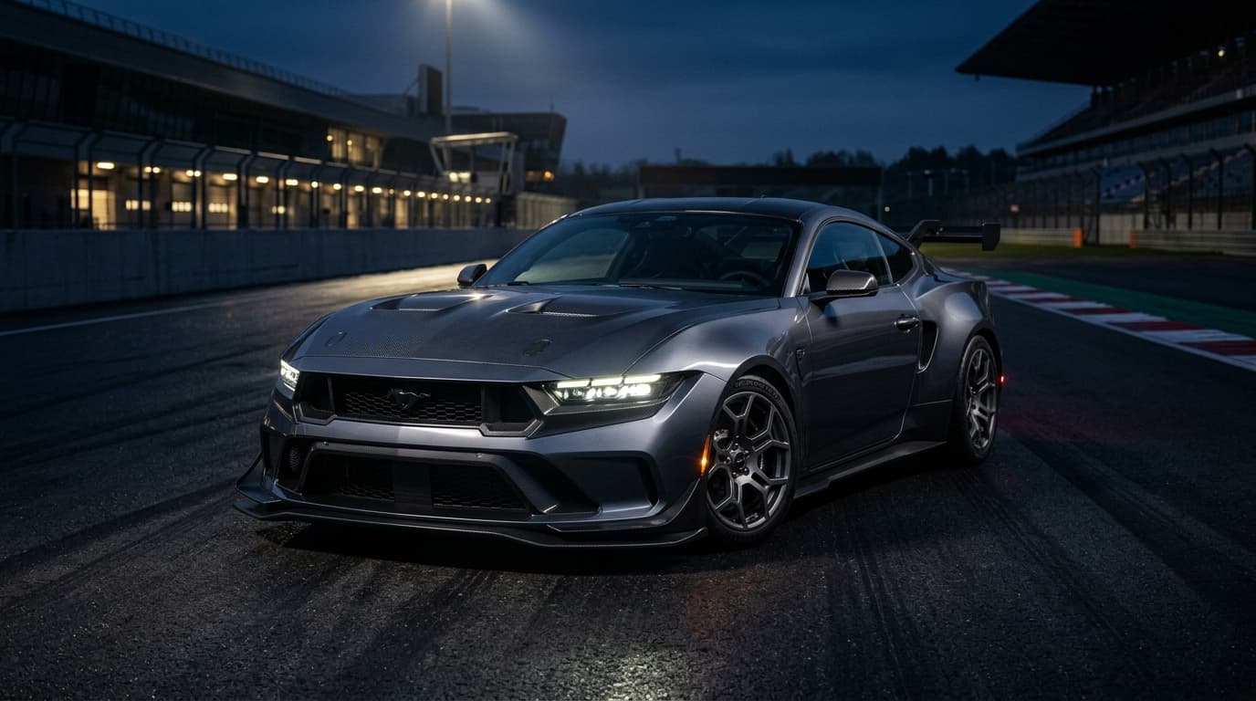 Ford Mustang GTD in Frontansicht auf einer Rennstrecke, dramatisch beleuchtet