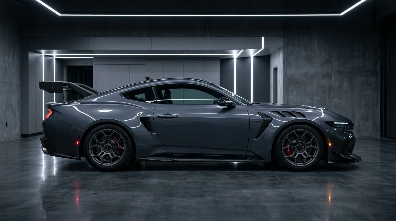 Ford Mustang GTD in Seitenansicht, modern beleuchtet in Studio-Setting