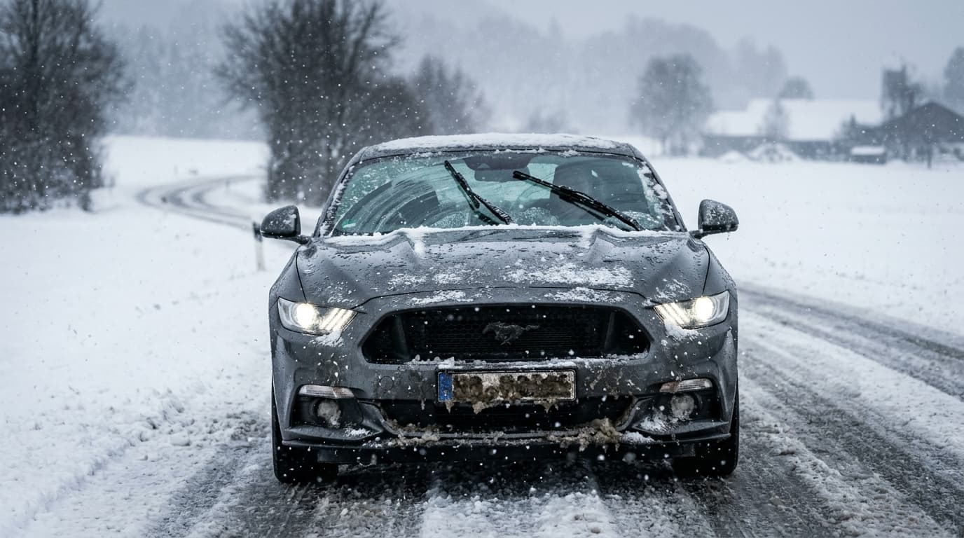 Ein Ford Mustang bei Winterwetter mit aktivem Scheibenwischer reinigt die teilweise verschmutzte Frontscheibe