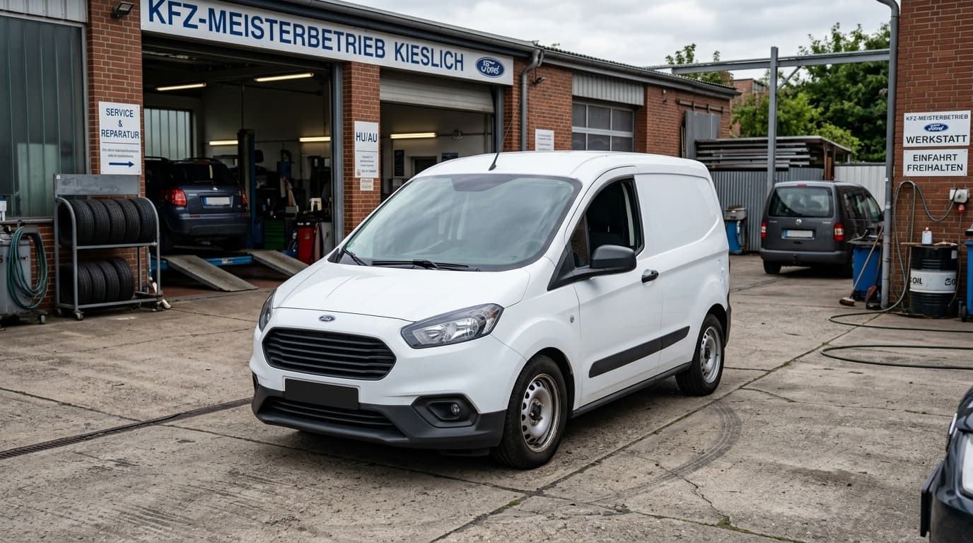 Ein weißer Ford Transit Courier steht vor einer Autowerkstatt