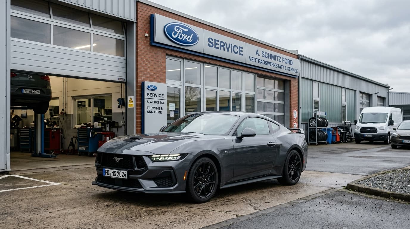 Ein Ford Mustang der aktuellen Generation von 2024 in Seitenansicht vor einer Werkstatt