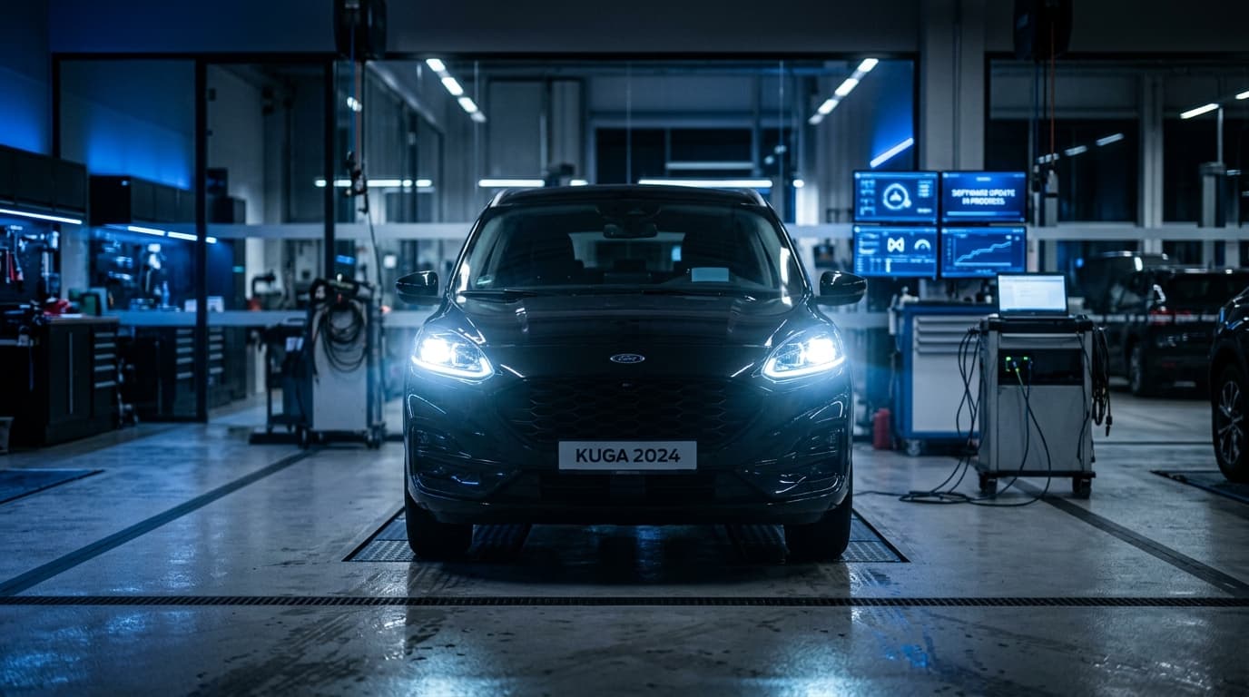 Ford Kuga von vorne bei Nacht mit eingeschaltetem Fernlicht, im Hintergrund eine moderne Autowerkstatt