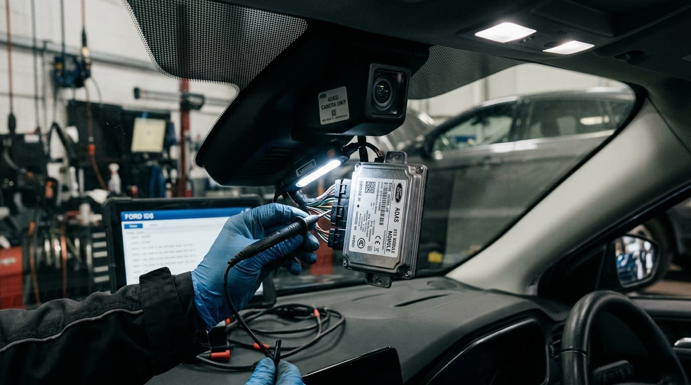 Detailaufnahme einer Frontkamera und eines ADAS-Steuergeräts in einer Autowerkstatt
