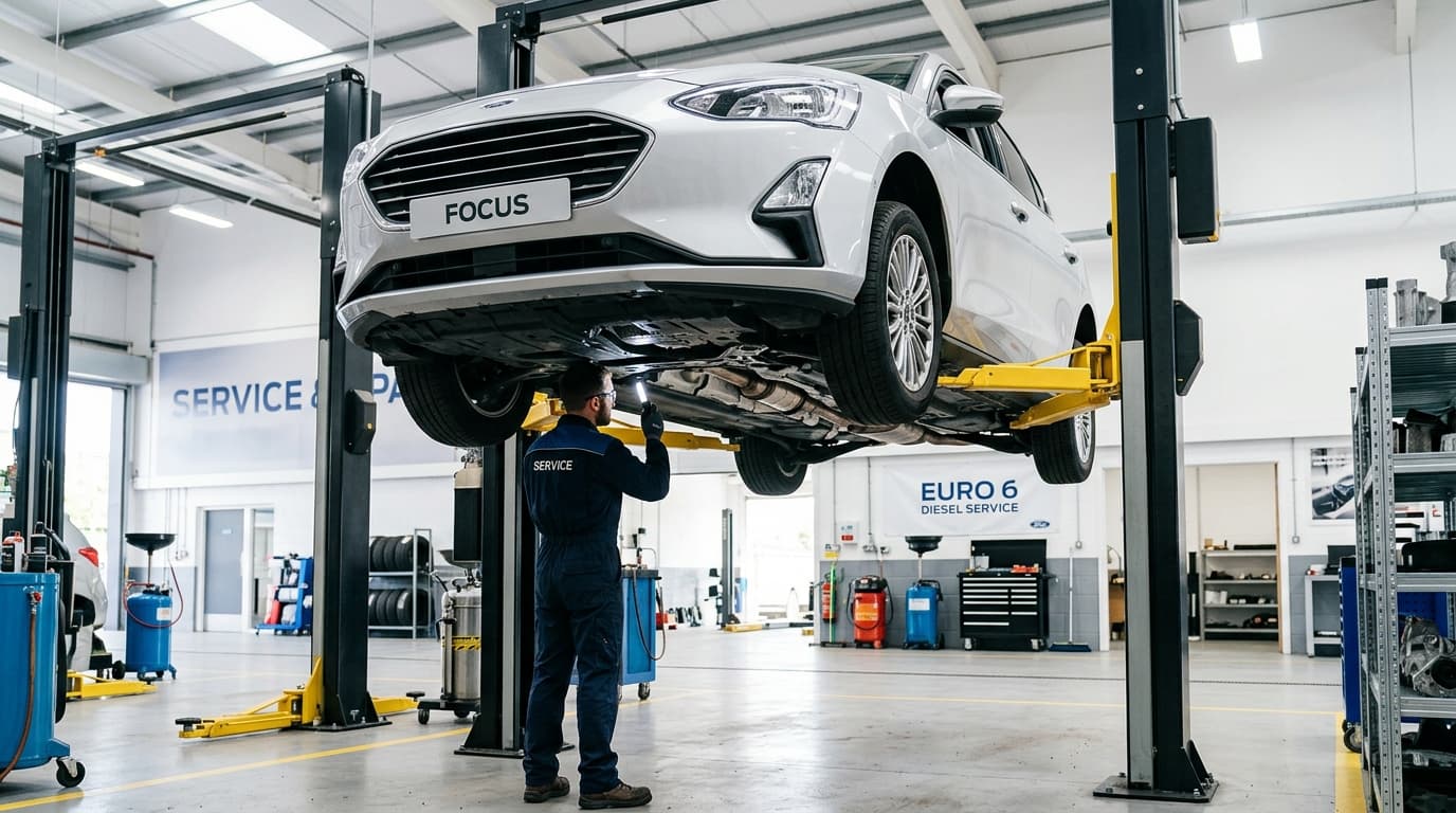 Ein Ford Focus mit Dieselmotor auf einer Hebebühne in einer Werkstatt, ein Mechaniker inspiziert die Abgasanlage