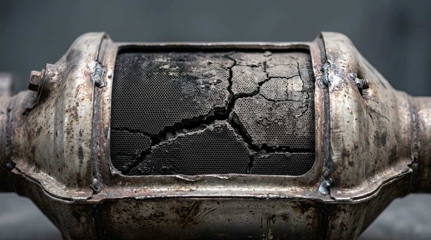 Nahaufnahme eines beschädigten Dieselpartikelfilters mit sichtbaren Rissen im Filterkörper