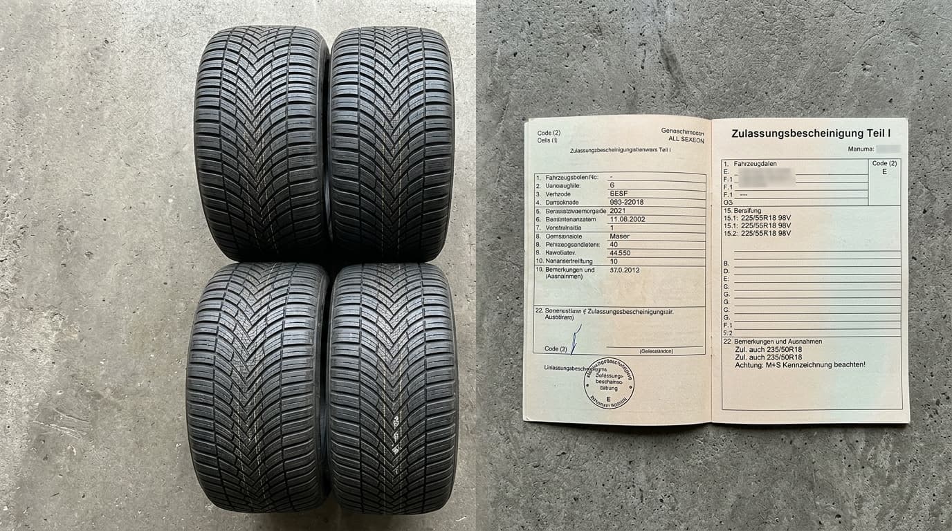 Ganzjahresreifen der Größe 225/55 R18 und Zulassungsbescheinigung auf grauem Hintergrund von oben fotografiert.