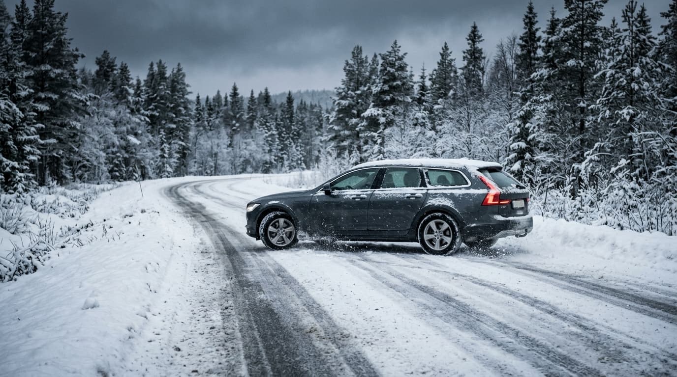 Fahrzeug auf schneebedeckter Straße während Winterbedingungen