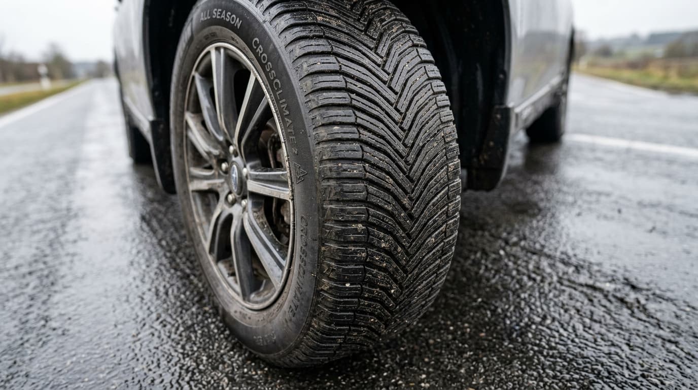 Nahaufnahme eines Ganzjahresreifenprofils mit Lamellenzeichnung auf nasser Fahrbahn
