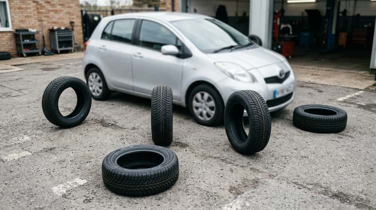 Vier Ganzjahresreifen stehen um einen Kleinwagen herum auf grauem Asphalt.