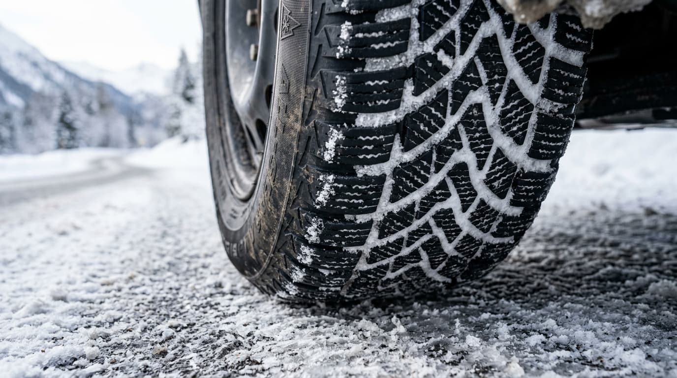 Nahaufnahme eines Ganzjahreisreifenprofils auf Schnee und Eis.