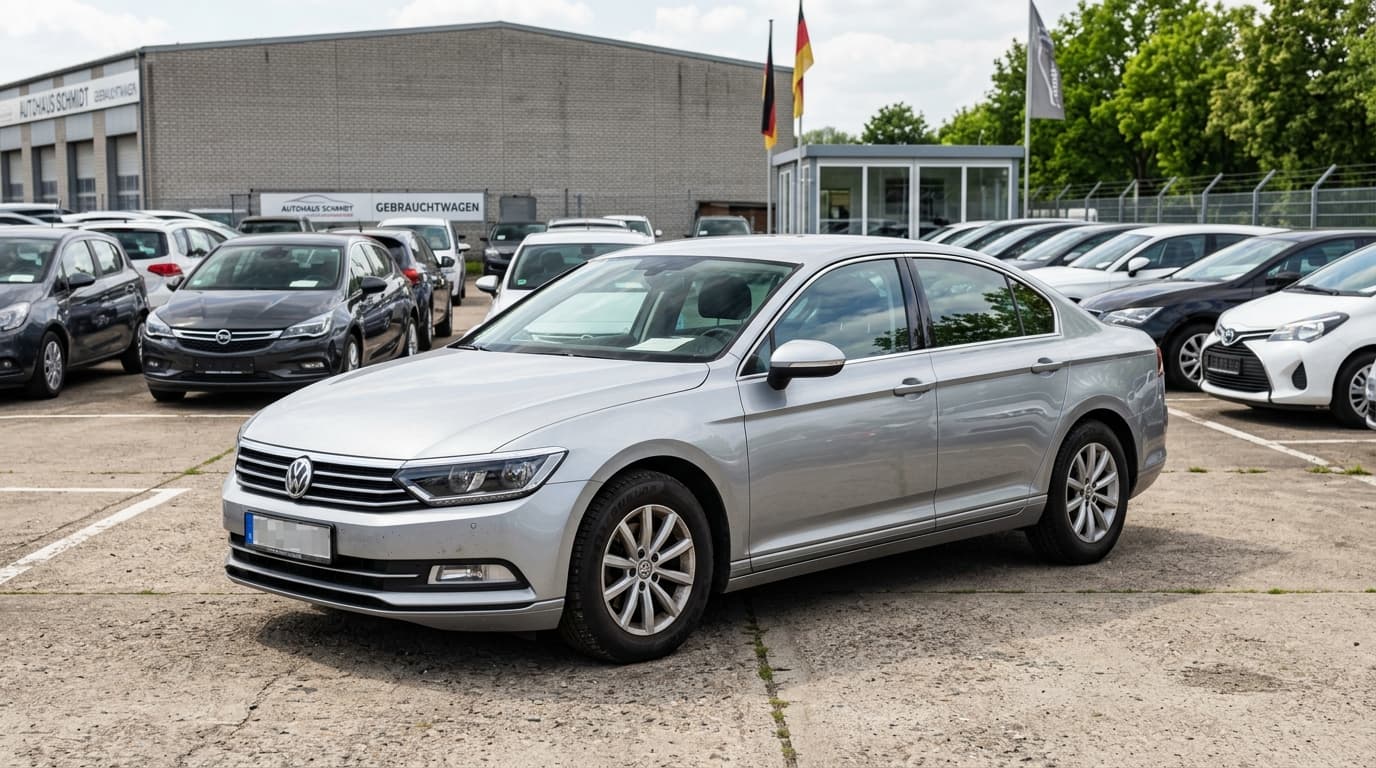 Ein gebrauchter Pkw steht auf einem Autohandelsplatz im Tageslicht, bereit zum Verkauf oder zur Besichtigung.