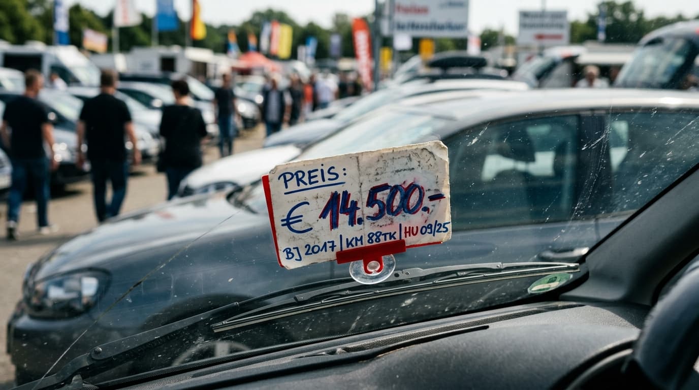 Eine Detailaufnahme zeigt ein Preisschild an einem Gebrauchtwagen, das Preis-Element steht im Vordergrund.