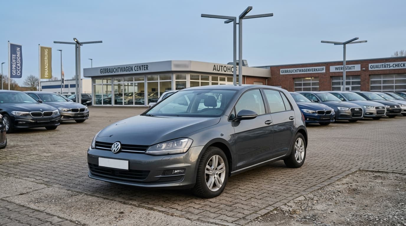 Ein gebrauchter Pkw steht auf einem Autohofgelände und zeigt den typischen Zustand eines Gebrauchtwagens, der zum Verkauf angeboten wird.