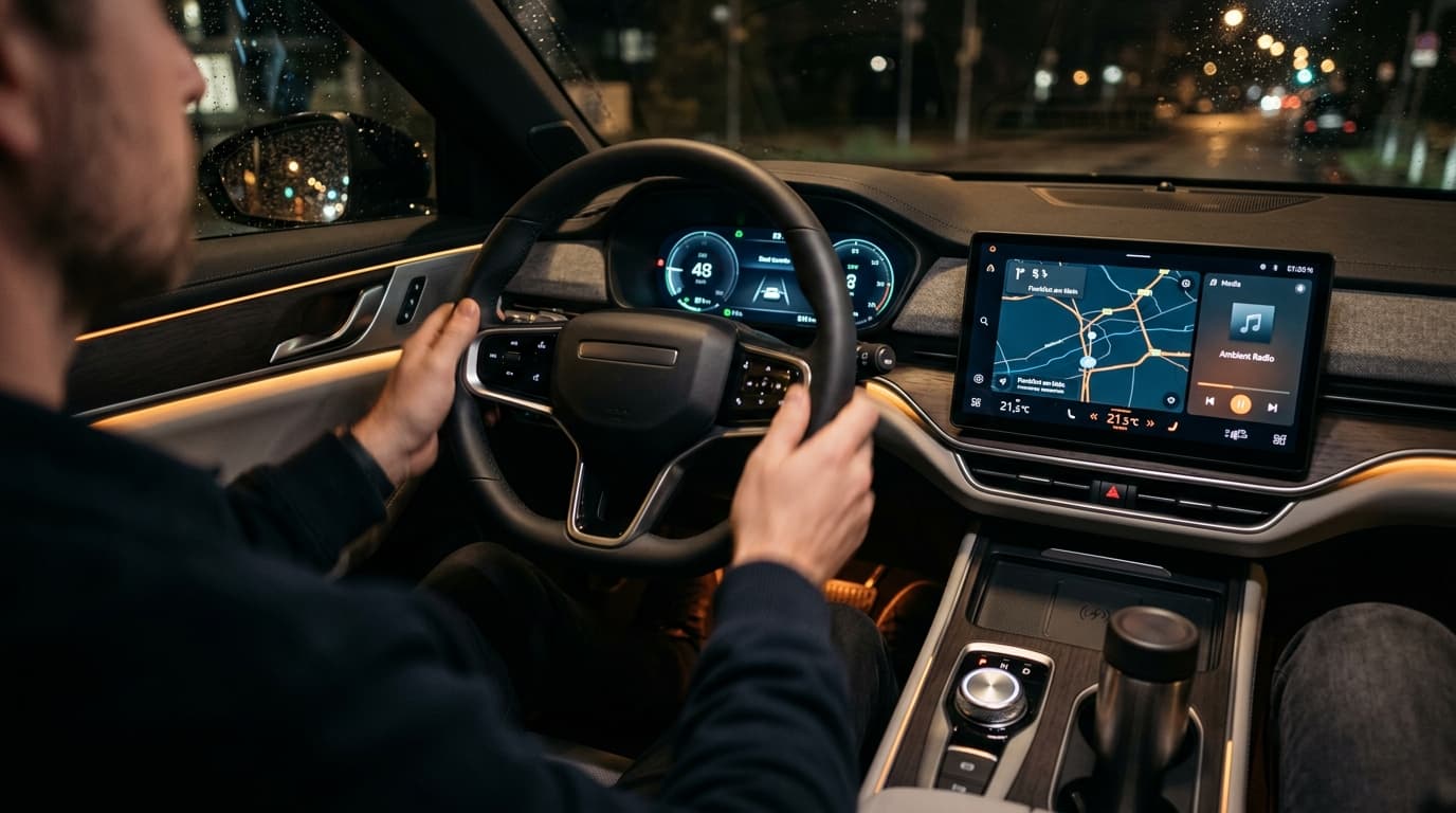 Blick in den Innenraum eines modernen Elektroautos mit digitalen Bedienungselementen und zeitgemäßer Ausstattung.