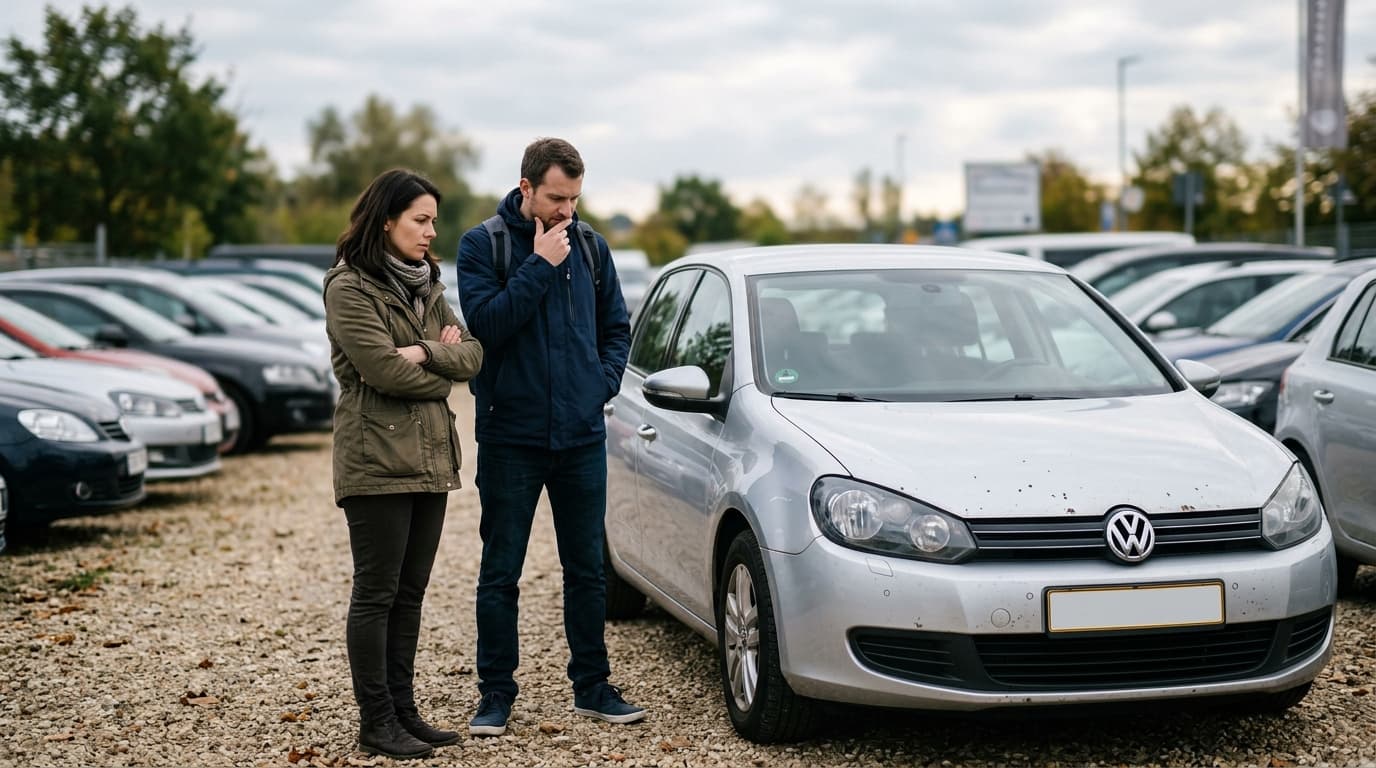 Ein Käuferpaar betrachtet ein gebrauchtes Auto, während eine Verkäuferin im Hintergrund steht. Die Szene spielt auf einem privaten Autohandelsplatz.