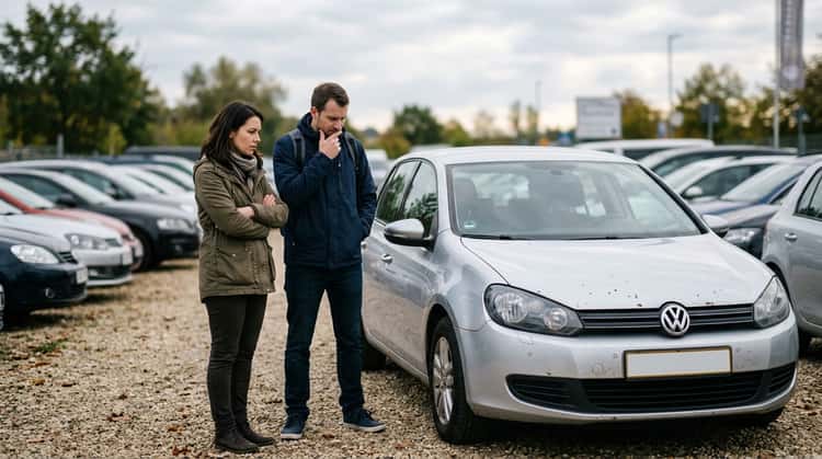 Ein Käuferpaar betrachtet ein gebrauchtes Auto, während eine Verkäuferin im Hintergrund steht. Die Szene spielt auf einem privaten Autohandelsplatz.
