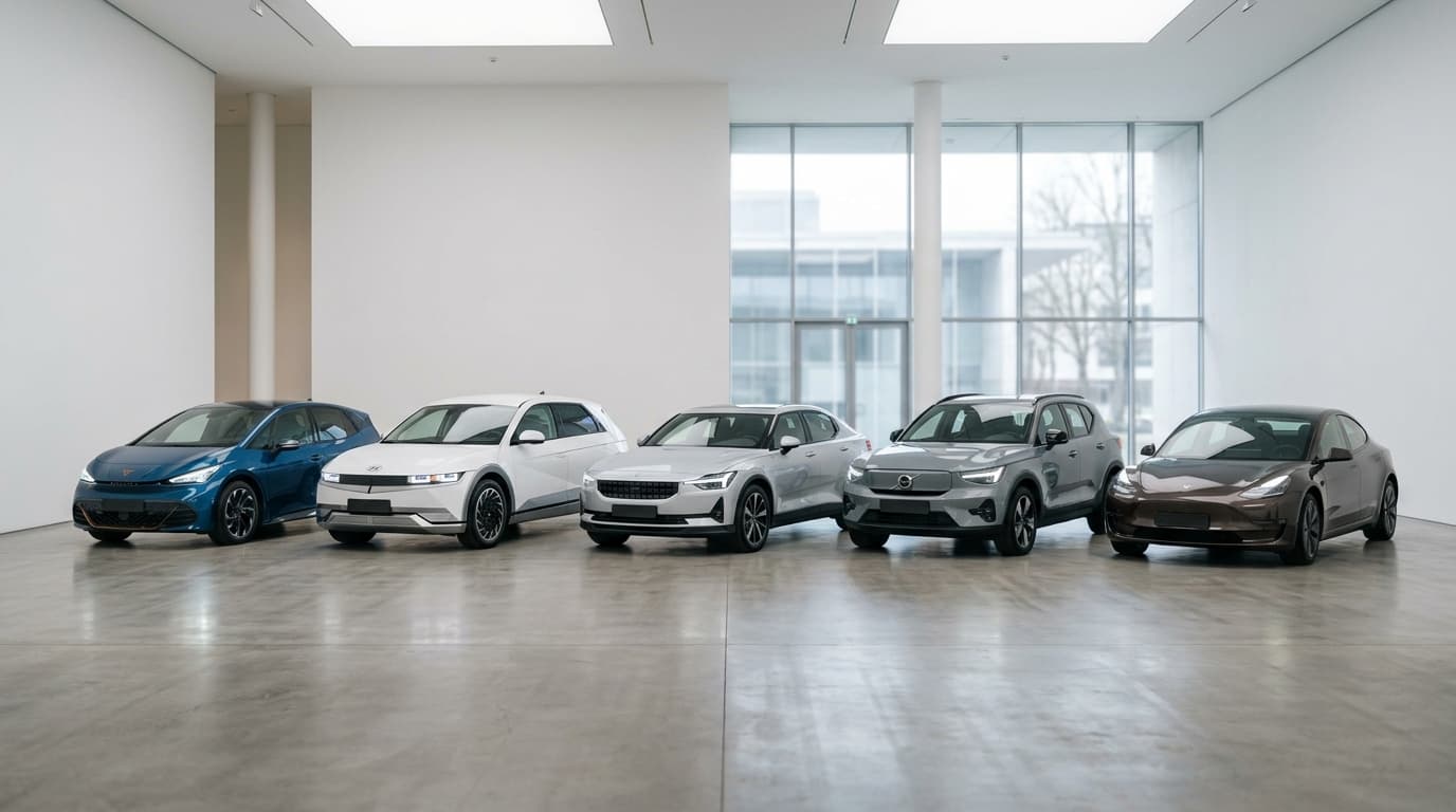 Mehrere moderne Elektroautos stehen in einem hellen Ausstellungsraum nebeneinander, symbolisierend die fünf Klassensieger des German Car of the Year 2027.
