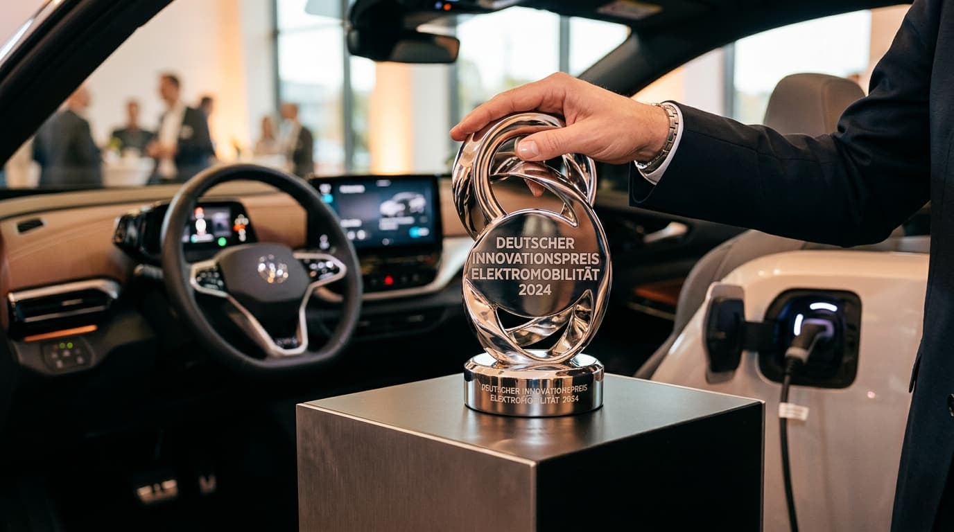 Eine Hand hält eine Auszeichnungstrophäe, im Hintergrund das Interieur eines modernen Elektrofahrzeugs unscharf erkennbar.