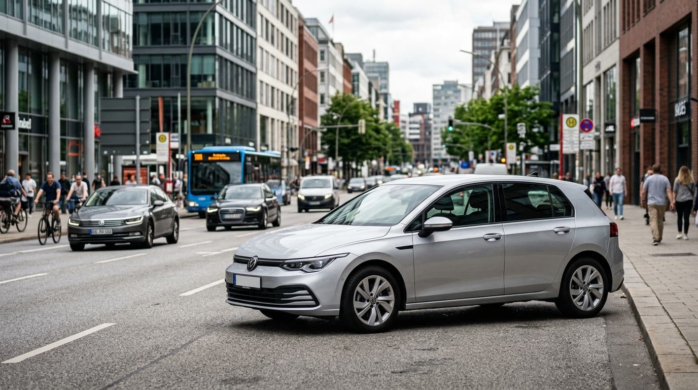 Ein Volkswagen Golf der aktuellen Generation in Seitenansicht auf einer Stadtstraße, aufgenommen aus schräg vorne.