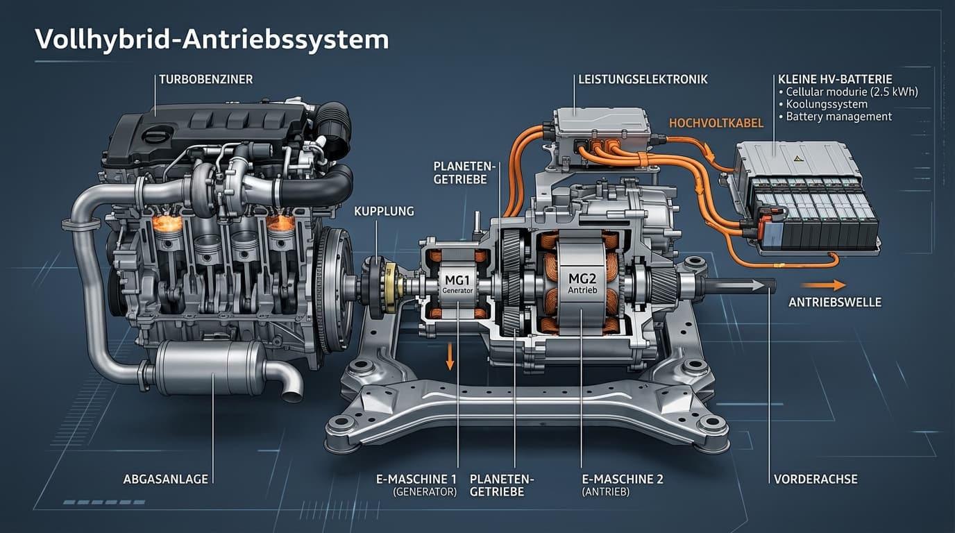 Technische Illustration eines Vollhybrid-Antriebsstrangs mit Benzinmotor und zwei Elektromotoren.