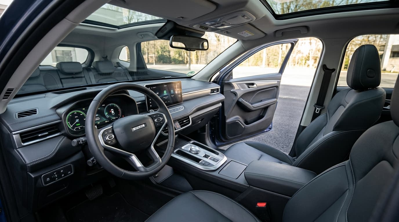 Blick in den Innenraum des Great Wall Motor Haval Jolion Pro mit Armaturenbrett und Fahrersitz