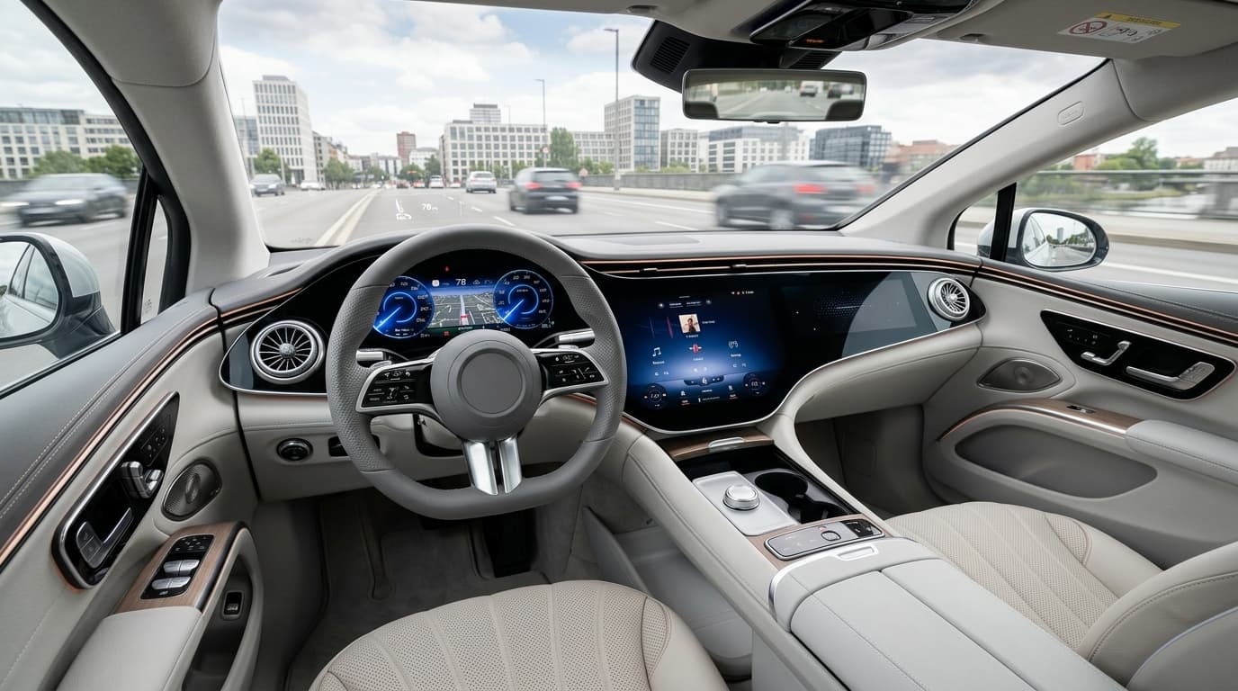Innenraum einer modernen Elektrolimousine mit digitalen Bedienelemente, Blick von vorne ins Fahrzeug