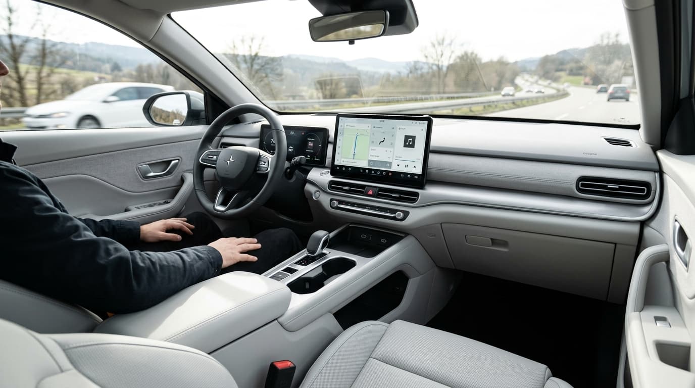 Innenraum eines Kompakt-SUVs mit großem Display und minimalistischem Design
