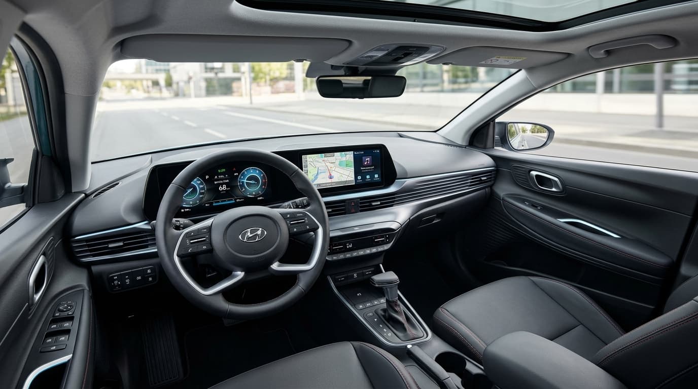 Das moderne Interieur des Hyundai Bayon 2026 mit zwei 12,3-Zoll-Bildschirmen