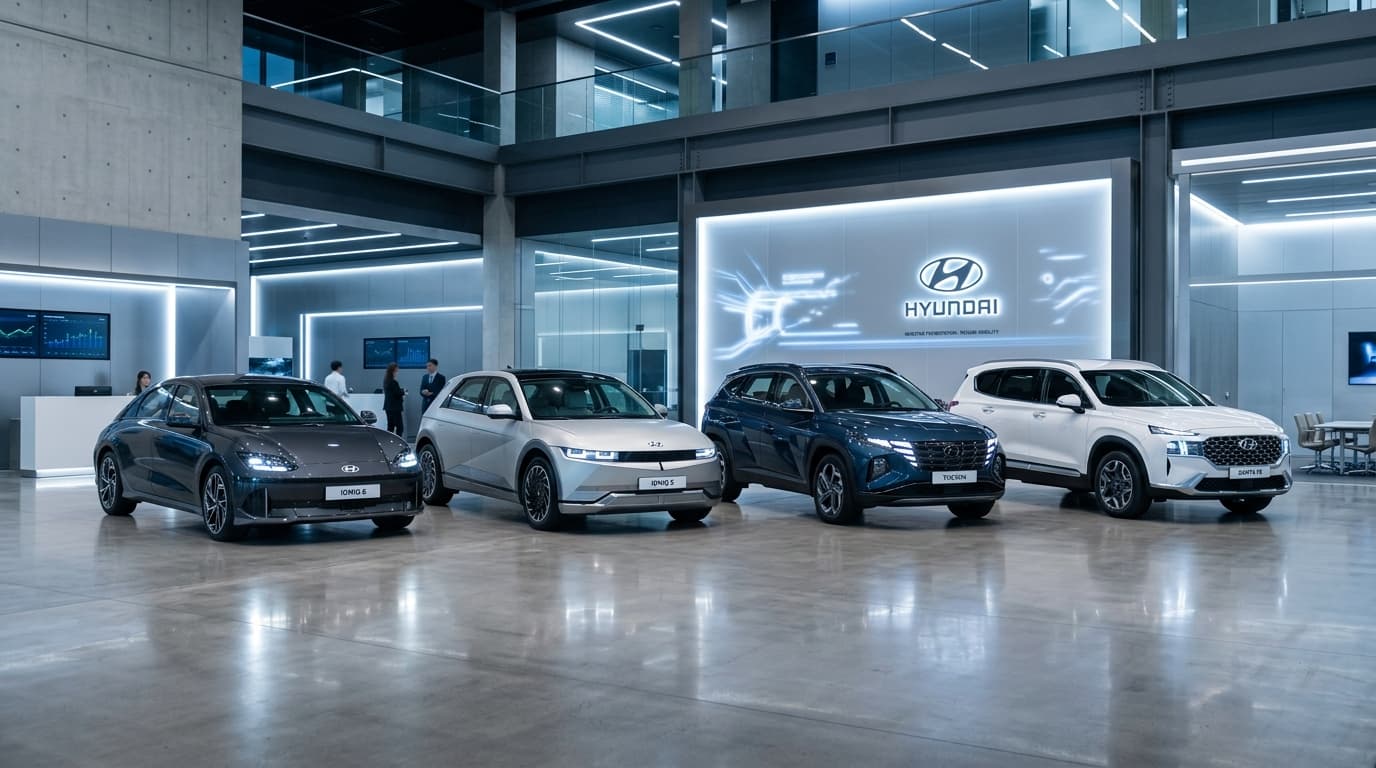 Mehrere Hyundai-Modelle nebeneinander in einem modernen Showroom ausgestellt
