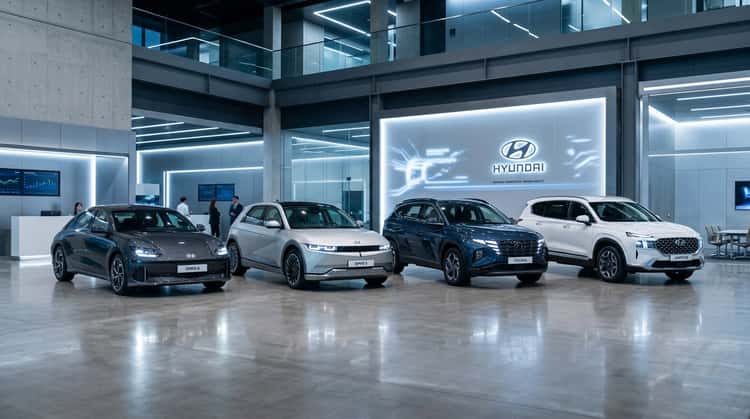 Mehrere Hyundai-Modelle nebeneinander in einem modernen Showroom ausgestellt