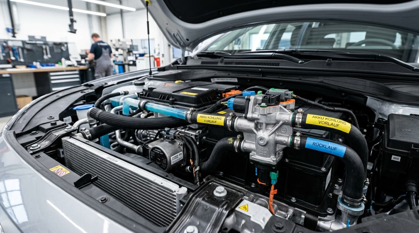 Blick in den Motorraum eines Hyundai Inster auf das Thermomanagementsystem des Akkus