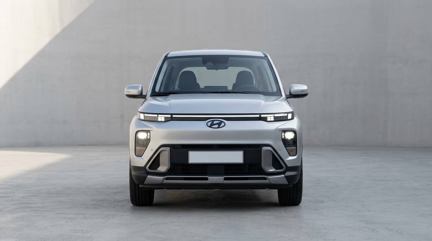 Hyundai Inster von vorne, silberner vollelektrischer Kleinwagen mit moderner Front