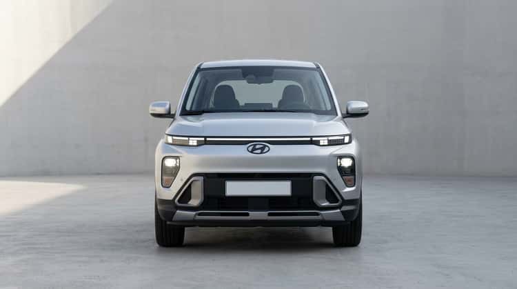 Hyundai Inster von vorne, silberner vollelektrischer Kleinwagen mit moderner Front