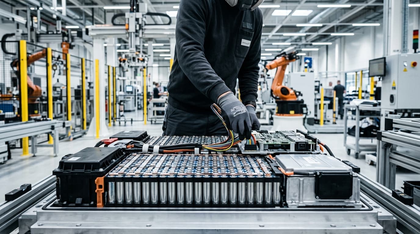 Blick auf Batteriekomponenten oder Elektroantrieb während der Montage in der Produktion