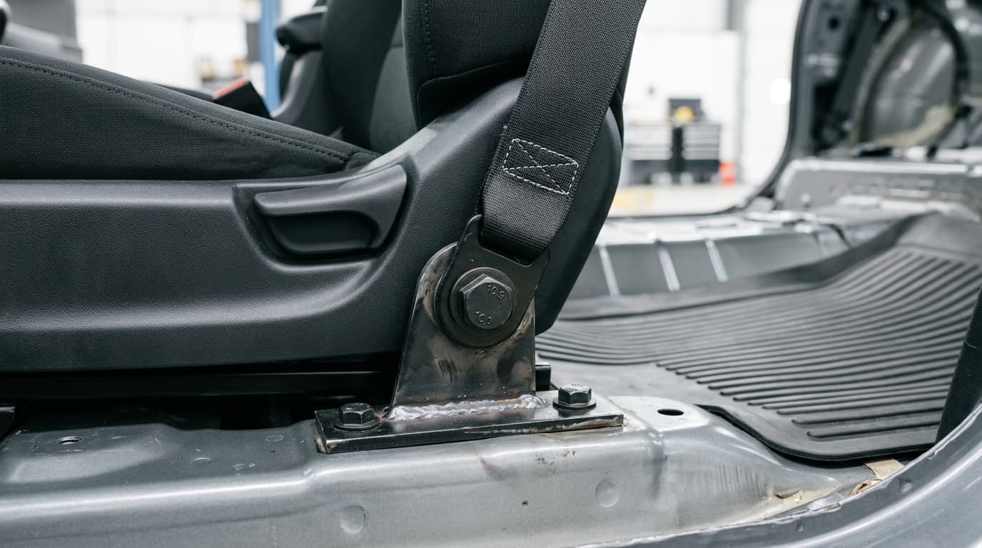 Detailaufnahme eines Sicherheitsgurtes mit Fokus auf die untere äußere Verankerung am Fahrzeugboden