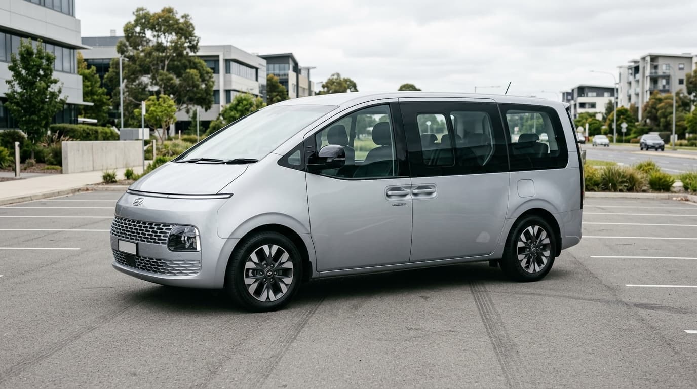 Der Hyundai Staria Elektro steht in Seitenansicht auf grauem Asphalt. Der silbermetallicfarbene Großraumvan mit moderner LED-Front und vergrößerten Fenstern wirkt geräumig und funktional.