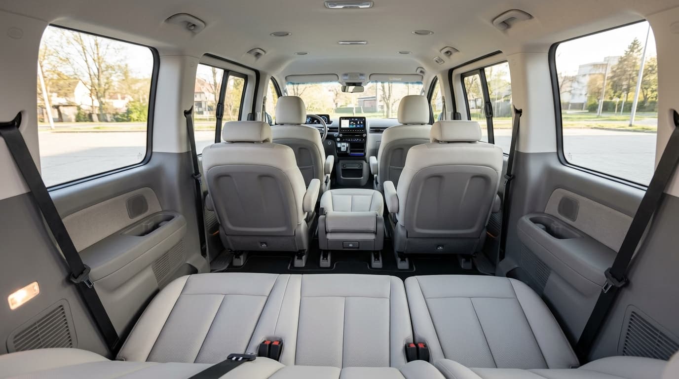 Der Innenraum des Hyundai Staria Elektro zeigt die neun Sitze in drei Reihen. Helle Polsterung, großzügige Fenster und das moderne Cockpit mit Display sind erkennbar.