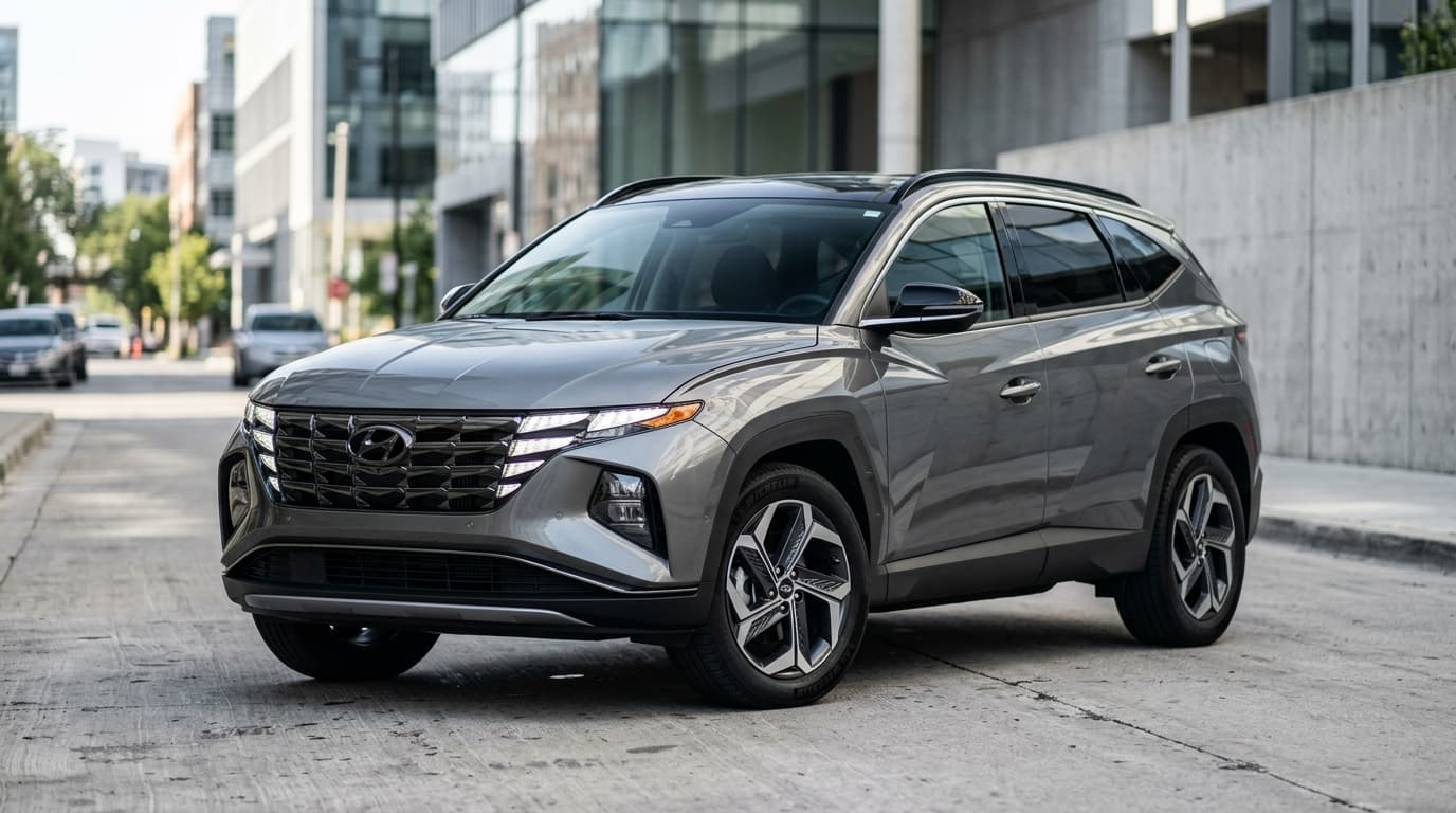 Hyundai Tucson der fünften Generation in Dreiviertel-Ansicht von vorne, mit kantigem Design und ausgestellten Kotflügeln