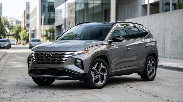 Hyundai Tucson der fünften Generation in Dreiviertel-Ansicht von vorne, mit kantigem Design und ausgestellten Kotflügeln