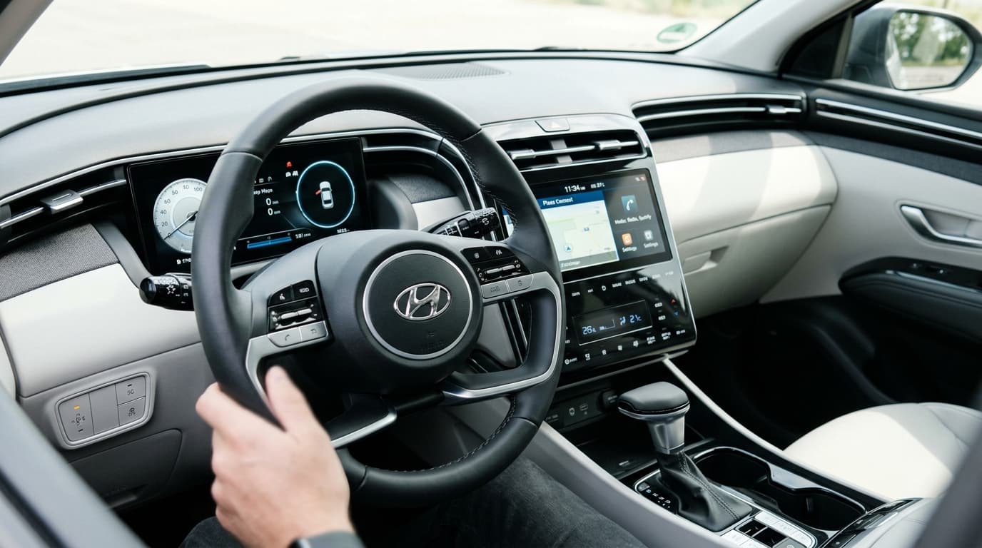 Nahaufnahme des Innenraums eines Hyundai Tucson mit Touchscreen-Infotainment und physischen Bedientasten im Cockpit