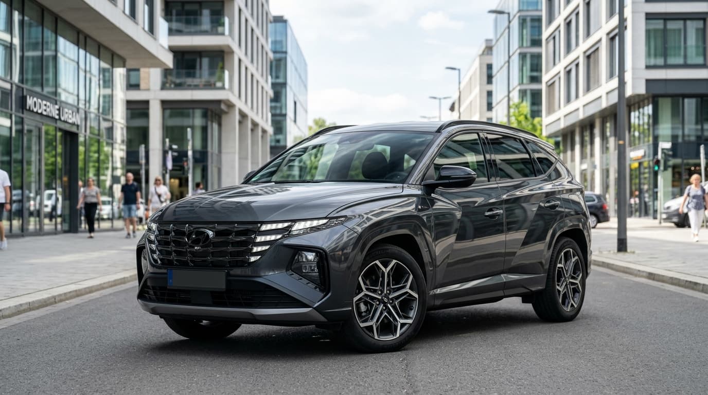 Hyundai Tucson N Line in Dreiviertel-Vorderansicht, mit charakteristischer Sportfront und großen Leichtmetallfelgen