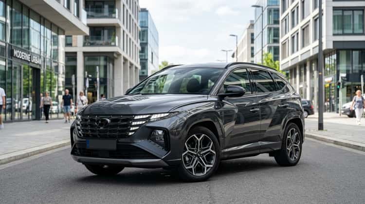 Hyundai Tucson N Line in Dreiviertel-Vorderansicht, mit charakteristischer Sportfront und großen Leichtmetallfelgen