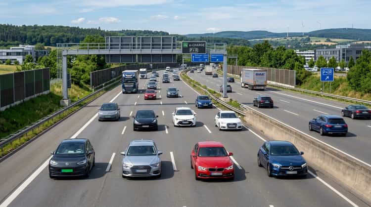 Unterschiedliche Pkw mit verschiedenen Antriebsarten fahren auf einer deutschen Straße.