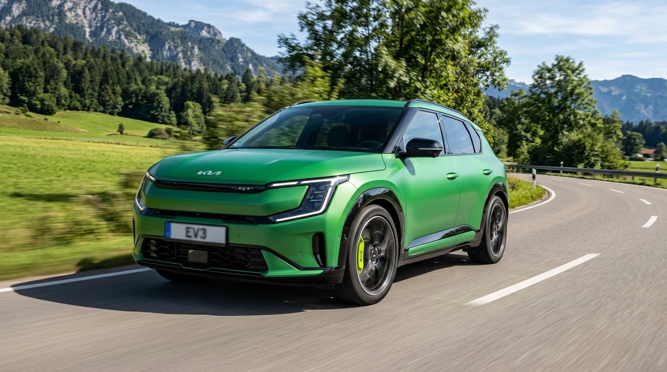 Kia EV3 GT Kompaktwagen von vorne, mit charakteristischen sportlichen Gestaltungselementen und grünen Akzenten, auf einer Landstraße