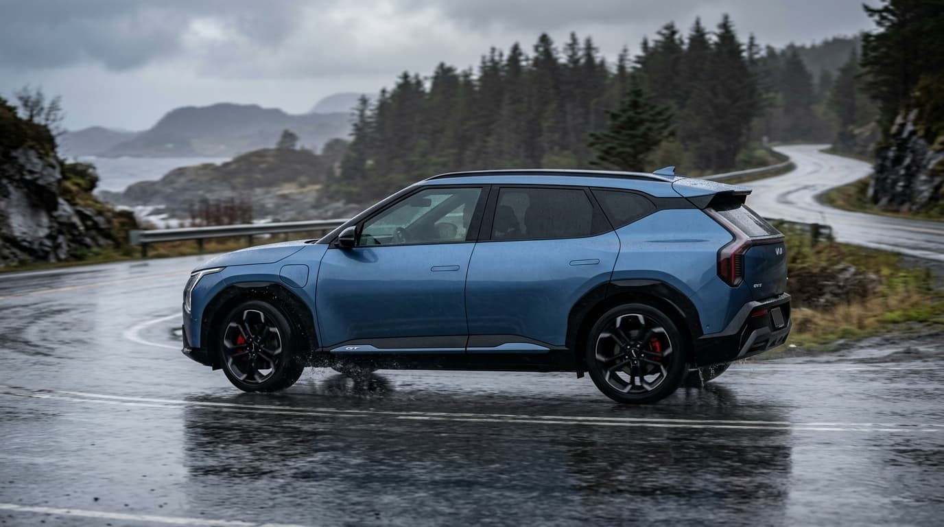 Kia EV3 GT in Seitenansicht auf nasser Fahrbahn, zeigt die kompakte Karosserieform und sportlichen Proportionen